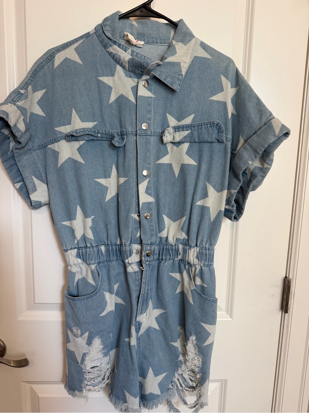 Star-Print Denim Shorts Romper - Light Blue
